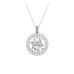 Year of the Ox Chinese Zodiac Medallion Necklace in 925 Sterling Silver with Pink Tourmaline