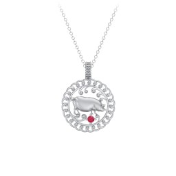 Year of the Pig Chinese Zodiac Medallion Necklace in 925 Sterling Silver with Ruby