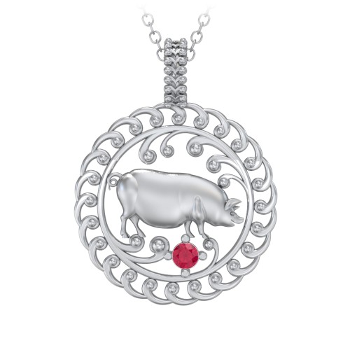 Year of the Pig Chinese Zodiac Medallion Necklace – Sterling Silver with Ruby