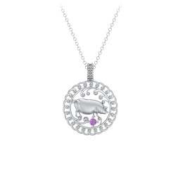 Year of the Pig Chinese Zodiac Medallion Necklace in 925 Sterling Silver with Amethyst