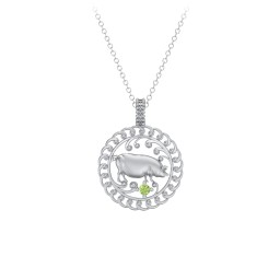 Year of the Pig Chinese Zodiac Medallion Necklace in 925 Sterling Silver with Peridot