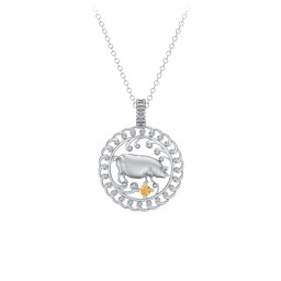 Year of the Pig Chinese Zodiac Medallion Necklace in 925 Sterling Silver with Citrine