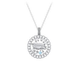 Year of the Pig Chinese Zodiac Medallion Necklace in 925 Sterling Silver with Blue Topaz