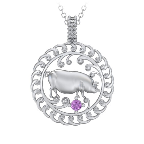 Year of the Pig Chinese Zodiac Medallion Necklace – Sterling Silver with Amethyst