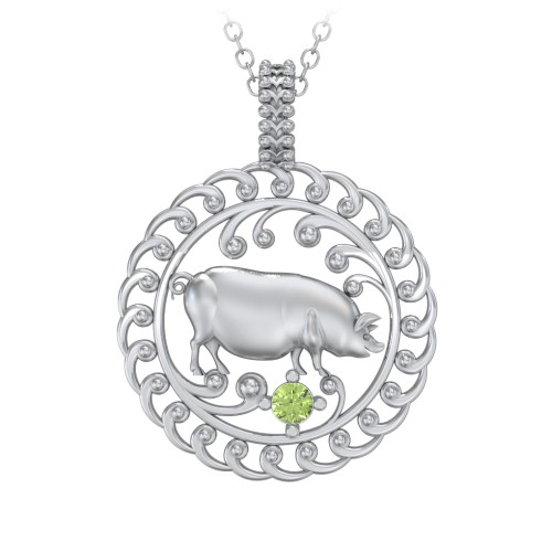 Year of the Pig Chinese Zodiac Medallion Necklace – Sterling Silver with Peridot
