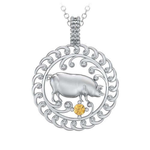 Year of the Pig Chinese Zodiac Medallion Necklace – Sterling Silver with Citrine