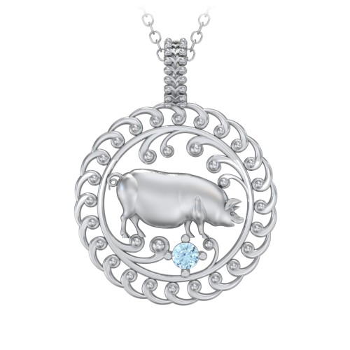 Year of the Pig Chinese Zodiac Medallion Necklace – Sterling Silver with Blue Topaz
