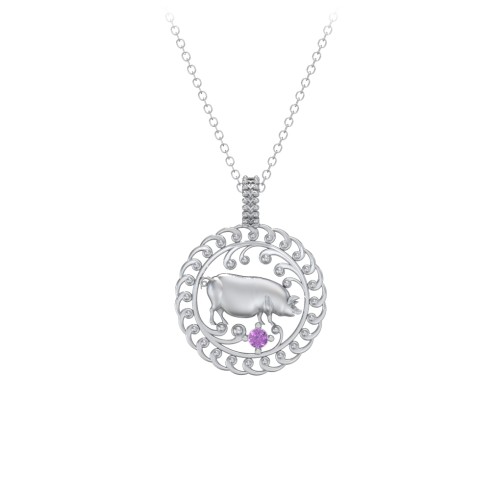 Year of the Pig Chinese Zodiac Medallion Necklace – Sterling Silver with Amethyst