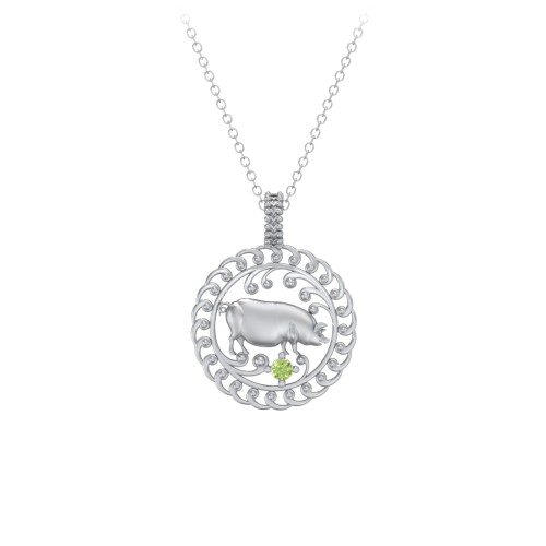 Year of the Pig Chinese Zodiac Medallion Necklace – Sterling Silver with Peridot