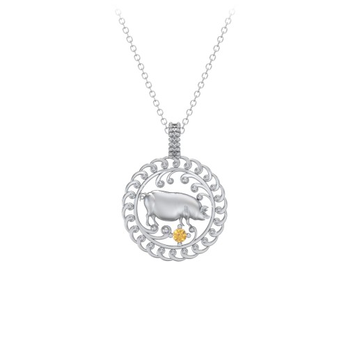 Year of the Pig Chinese Zodiac Medallion Necklace – Sterling Silver with Citrine