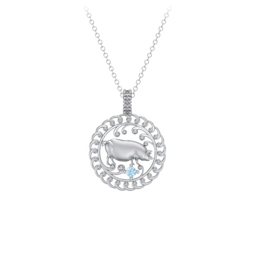 Year of the Pig Chinese Zodiac Medallion Necklace – Sterling Silver with Blue Topaz