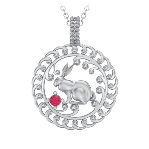 Year of the Rabbit Chinese Zodiac Medallion Necklace – Sterling Silver with Ruby