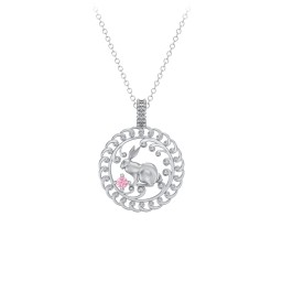 Year of the Rabbit Chinese Zodiac Medallion Necklace in 925 Sterling Silver with Pink Tourmaline