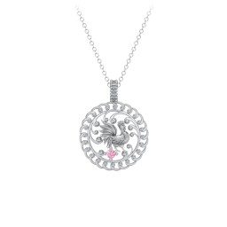 Year of the Rooster Chinese Zodiac Medallion Necklace in 925 Sterling Silver with Pink Tourmaline