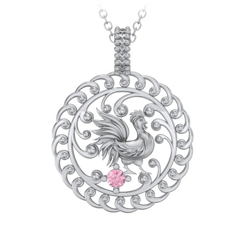 Year of the Rooster Chinese Zodiac Medallion Necklace – Sterling Silver with Pink Tourmaline