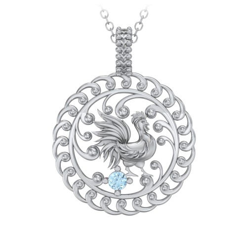 Year of the Rooster Chinese Zodiac Medallion Necklace – Sterling Silver with Blue Topaz
