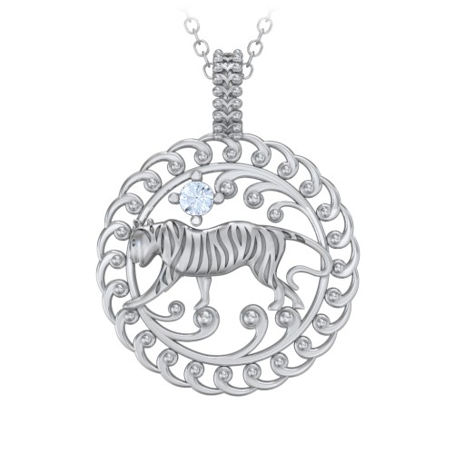 Year of the Tiger Chinese Zodiac Medallion Necklace – Sterling Silver with Aquamarine