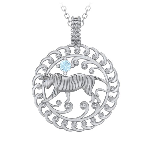 Year of the Tiger Chinese Zodiac Medallion Necklace – Sterling Silver with Blue Topaz