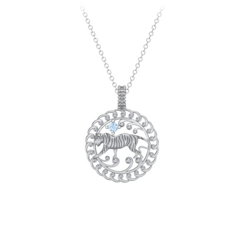 Year of the Tiger Chinese Zodiac Medallion Necklace – Sterling Silver with Blue Topaz