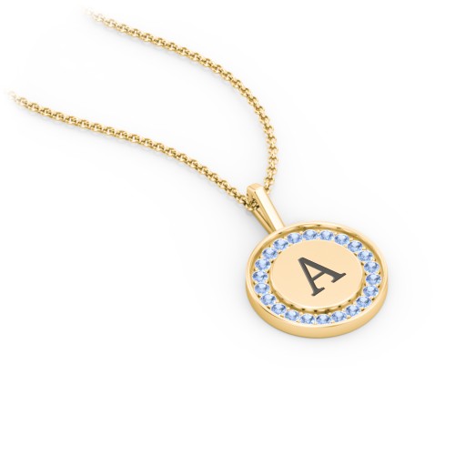 Initial Halo Disc Necklace with Accents – 10K Yellow Gold with Fancy Blue Premium Zirconia