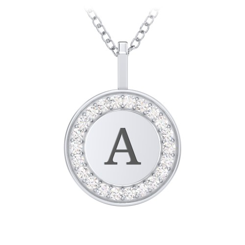 Initial Halo Disc Necklace with Accents – Sterling Silver with Diamond