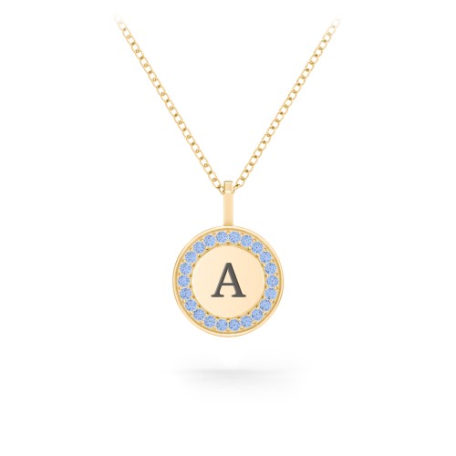 Initial Halo Disc Necklace with Accents – 10K Yellow Gold with Fancy Blue Premium Zirconia