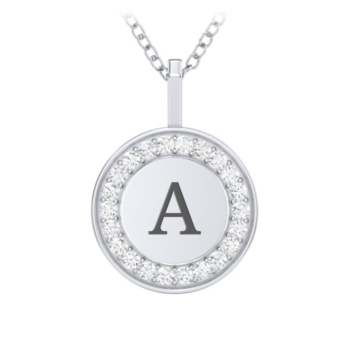 Initial Halo Disc Necklace with Accents – Sterling Silver with White Premium Zirconia