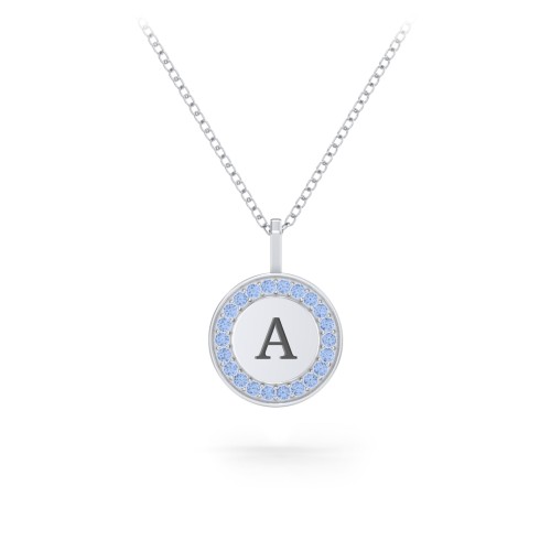 Initial Halo Disc Necklace with Accents – Sterling Silver with Fancy Blue Premium Zirconia