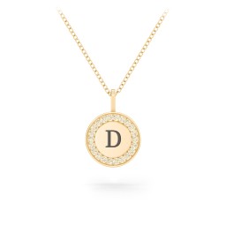 Initial Halo Disc Necklace with Accents in 10K Solid Yellow Gold with Fancy Yellow Premium Zirconia