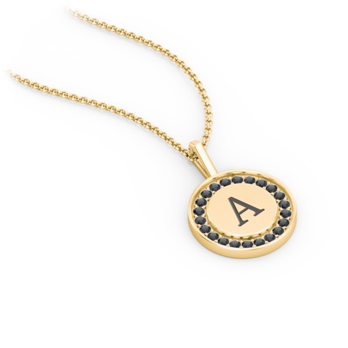 Initial Halo Disc Necklace with Accents – 10K Yellow Gold with Black Premium Zirconia