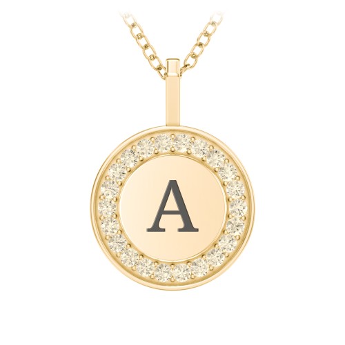 Initial Halo Disc Necklace with Accents – 10K Yellow Gold with Fancy Yellow Premium Zirconia