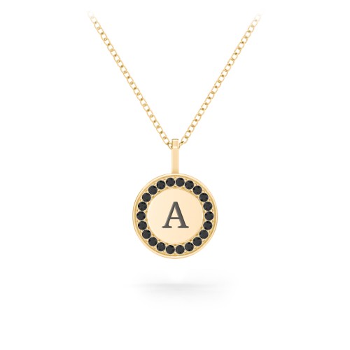 Initial Halo Disc Necklace with Accents – 10K Yellow Gold with Black Premium Zirconia