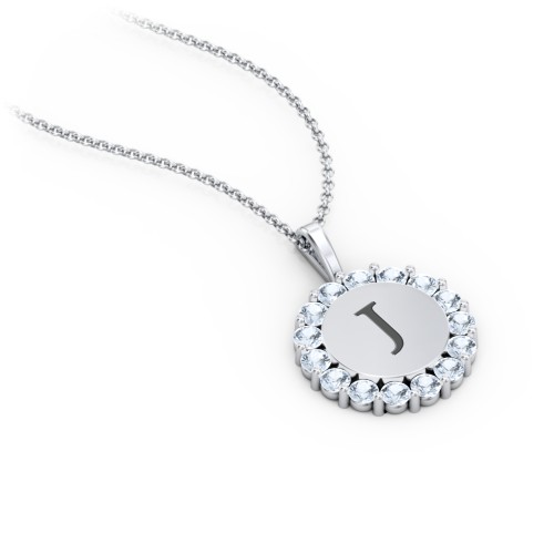 Initial Halo Disc Necklace with Gemstones – Sterling Silver with Aquamarine