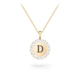 Initial Halo Disc Necklace with Gemstones in 18K Gold Plated Silver with Cubic Zirconia