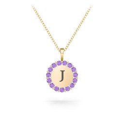 Initial Halo Disc Necklace with Gemstones in 18K Gold Plated Silver with Amethyst