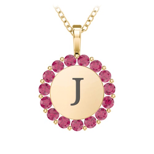 Initial Halo Disc Necklace with Gemstones – 18K Gold Plated Silver with Ruby