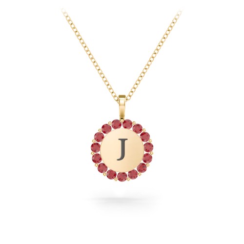 Initial Halo Disc Necklace with Gemstones – 18K Gold Plated Silver with Garnet