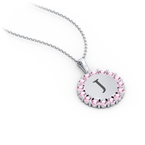 Initial Halo Disc Necklace with Gemstones – Sterling Silver with Pink Tourmaline