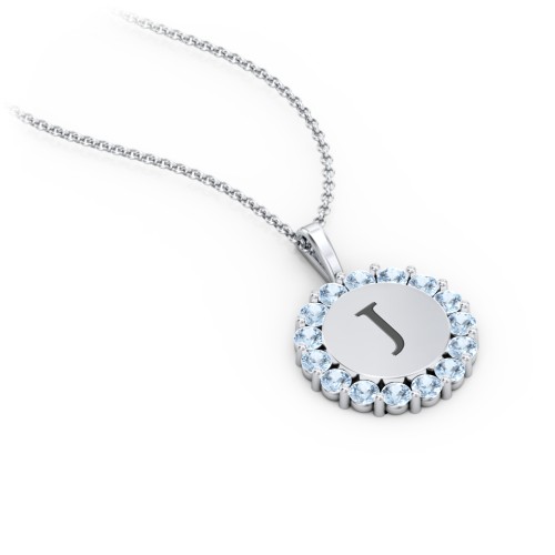 Initial Halo Disc Necklace with Gemstones – Sterling Silver with Blue Topaz