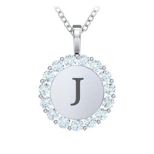 Initial Halo Disc Necklace with Gemstones – Sterling Silver with Aquamarine