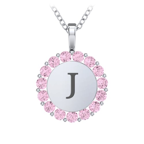 Initial Halo Disc Necklace with Gemstones – Sterling Silver with Pink Tourmaline