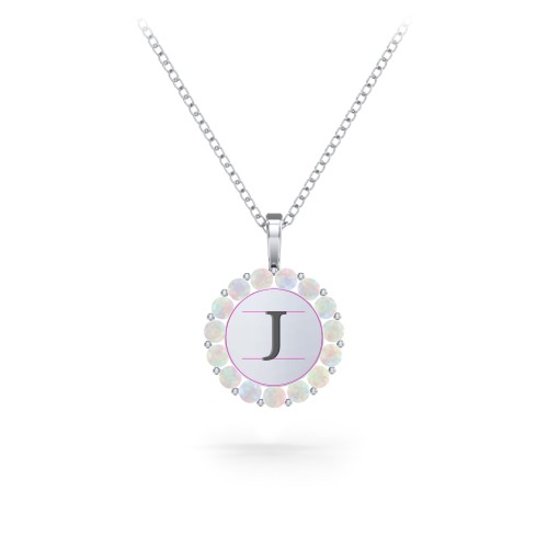 Initial Halo Disc Necklace with Gemstones – Sterling Silver with Opal