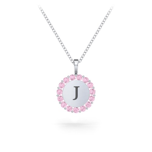 Initial Halo Disc Necklace with Gemstones – Sterling Silver with Pink Tourmaline