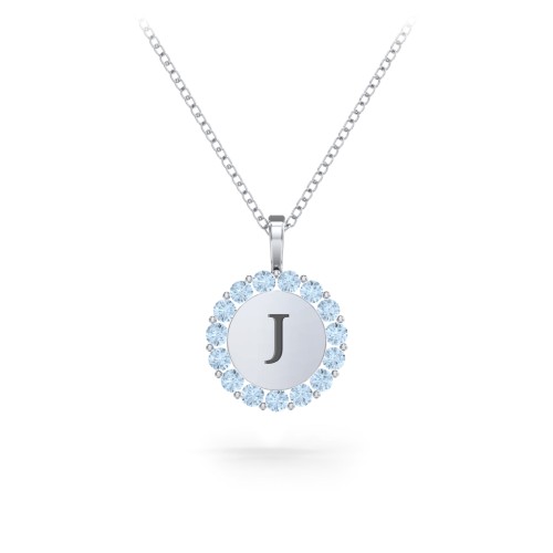 Initial Halo Disc Necklace with Gemstones – Sterling Silver with Blue Topaz