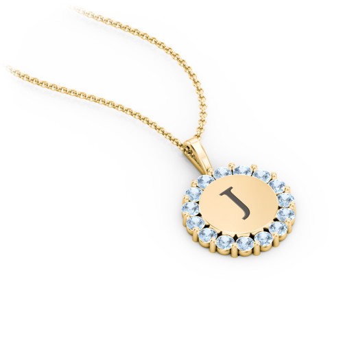 Initial Halo Disc Necklace with Gemstones – 10K Yellow Gold with Blue Topaz
