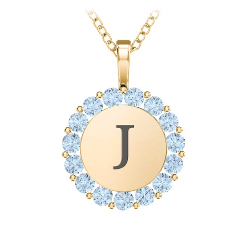 Initial Halo Disc Necklace with Gemstones – 10K Yellow Gold with Blue Topaz