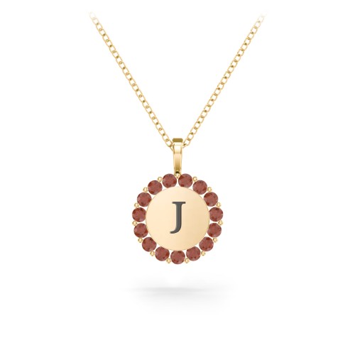 Initial Halo Disc Necklace with Gemstones – 10K Yellow Gold with Garnet