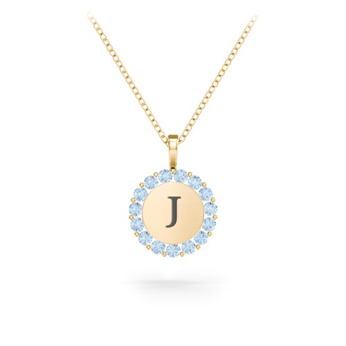 Initial Halo Disc Necklace with Gemstones – 10K Yellow Gold with Blue Topaz