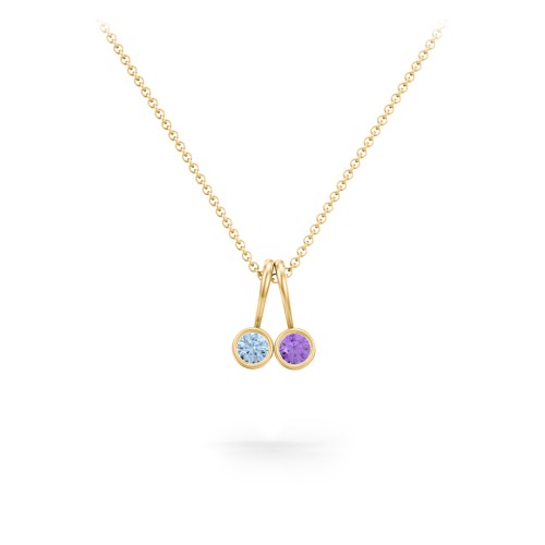 Multi Bezel Set Birthstone Necklace - 2 Stone – 18K Gold Plated Silver with Blue Topaz and Amethyst