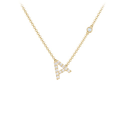 Pavé A Initial Necklace with Satellite Gemstone – 10K Yellow Gold with White Premium Zirconia and Aquamarine